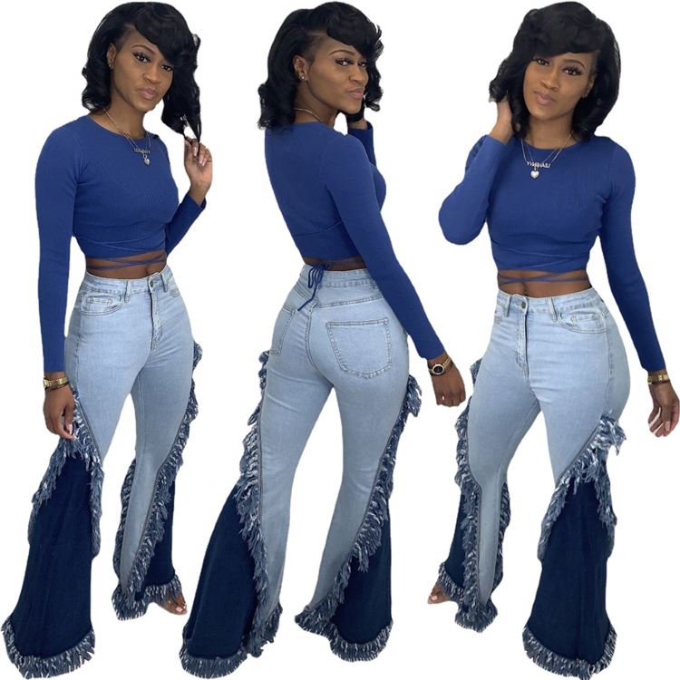 Wholesale Woman Jean Patchwork Denim Flare Jeans for Women Bell Bottoms