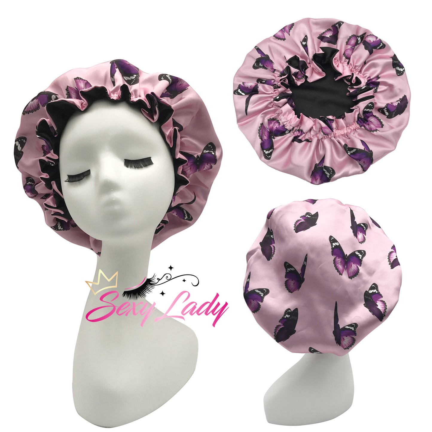 Fashion Pattern Designer Bonnets Women Custom Logo Silk Black-Satin Hair Bonnet