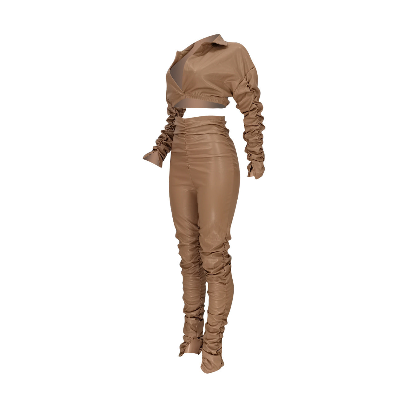 Two Piece Leather Jackets Crop Top Set- Plus Size