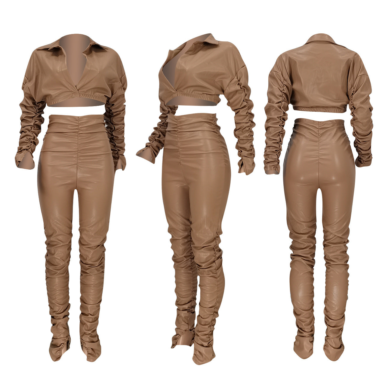 Two Piece Leather Jackets Crop Top Set- Plus Size